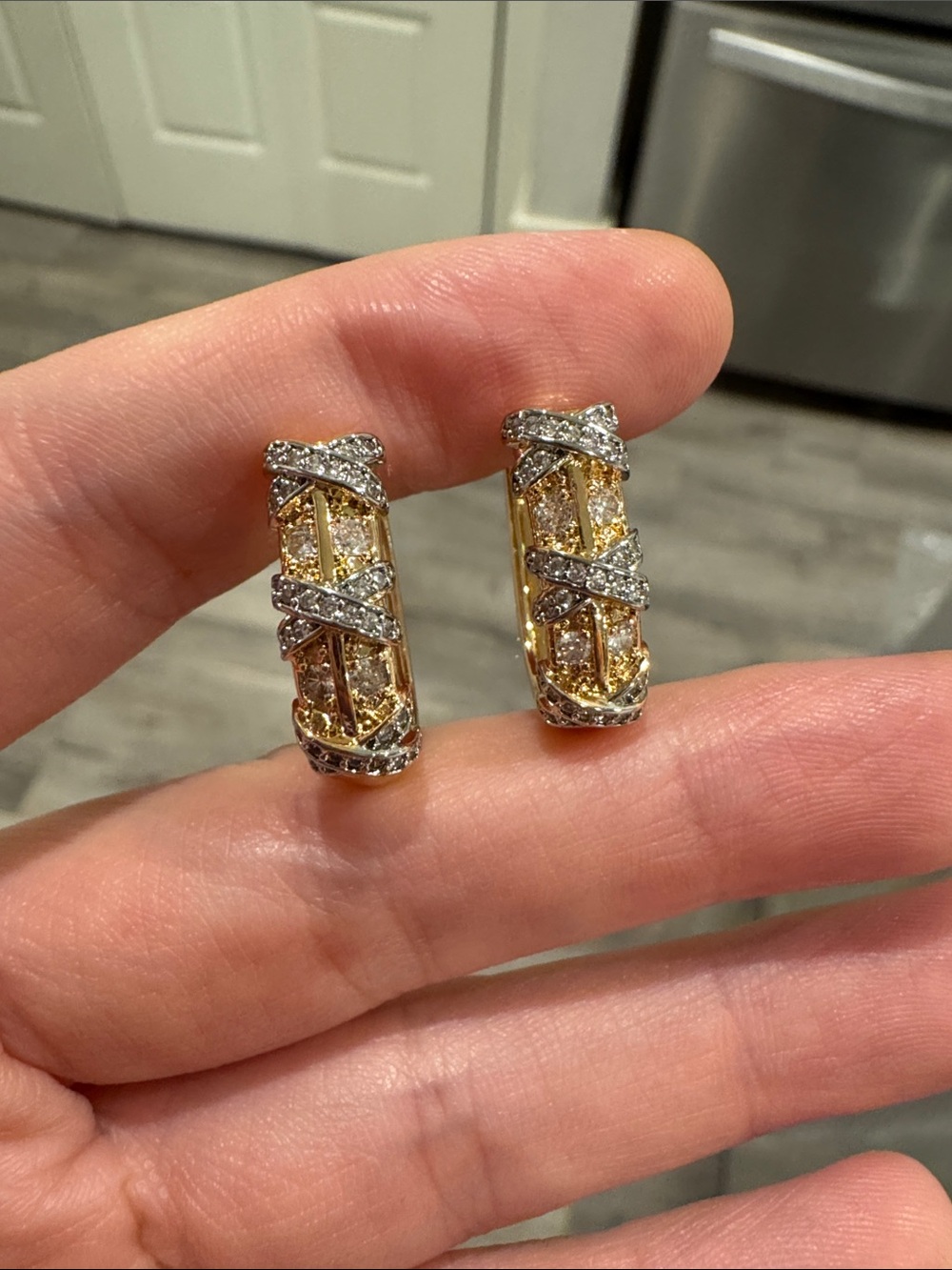 Two Tone CZ Crisscross Hoop Earrings Gold & Silver Tone